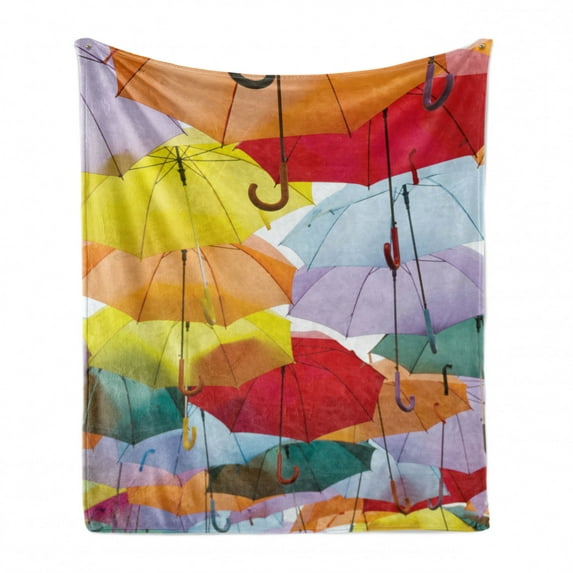 Colorful Soft Flannel Fleece Throw Blanket, Close up Happy Photo Hanged High Vivid Umbreallas Rainy Autumn Day Themed, Cozy Plush for Indoor and Outdoor Use, 70" x 90", Multicolor, by Ambesonne