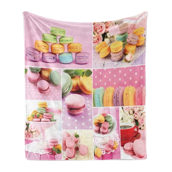 Colorful Soft Flannel Fleece Throw Blanket, Collage of Tasty Macaroons Delicious French Desert Napkins Dots Kitchen Theme, Cozy Plush for Indoor and Outdoor Use, 70" x 90", Multicolor, by Ambesonne