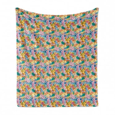 Colorful Soft Flannel Fleece Throw Blanket, Continuous Forest Leaves Herbs Branch Fauna Palm Tulip Paradise Retro Pattern, Cozy Plush for Indoor and Outdoor Use, 50" x 60", Multicolor, by Ambesonne