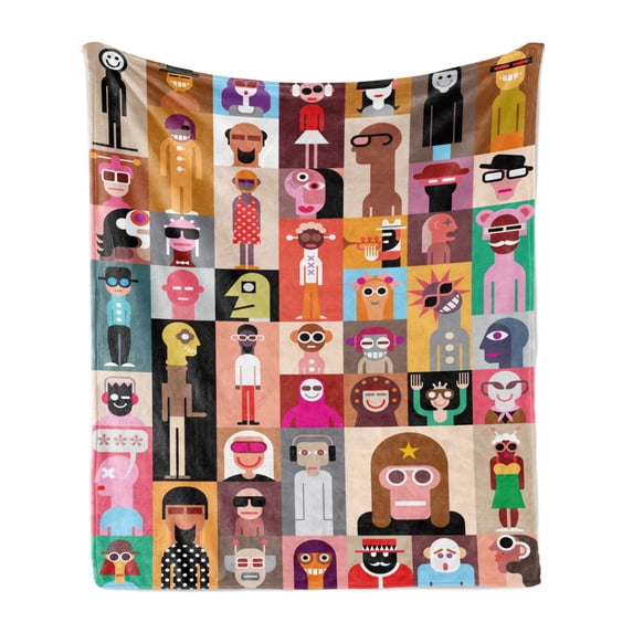 Colorful Soft Flannel Fleece Throw Blanket, Design of People Portraits Art Composition of Bizarre and Funny Abstract Images, Cozy Plush for Indoor and Outdoor Use, 70" x 90", Multicolor, by Ambesonne