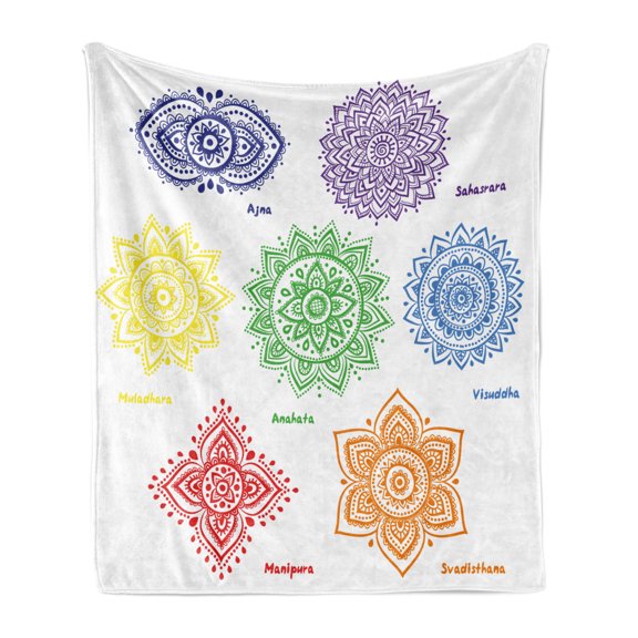 Colorful Soft Flannel Fleece Throw Blanket, Different Colors with Ornate Round Mandala Oriental Style Print, Cozy Plush for Indoor and Outdoor Use, 50" x 60", Multicolor, by Ambesonne