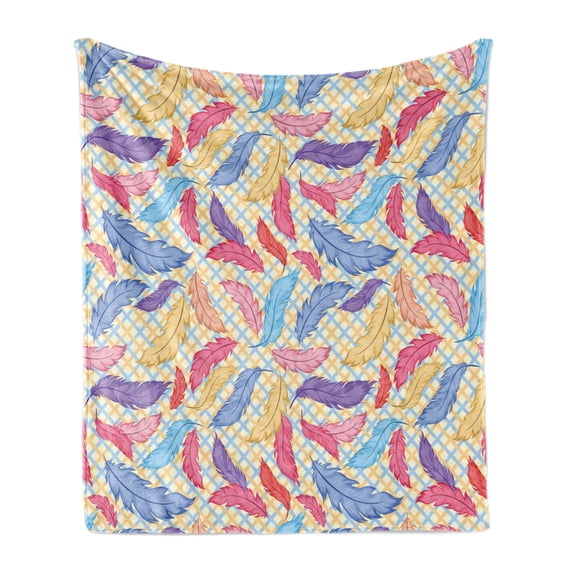 Colorful Soft Flannel Fleece Throw Blanket, Different Vane Feather Types on a Square Shape Striped Backdrop Print, Cozy Plush for Indoor and Outdoor Use, 60" x 80", Multicolor, by Ambesonne
