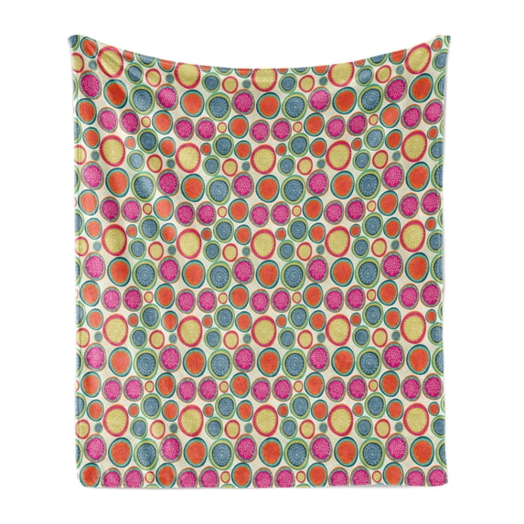 Colorful Soft Flannel Fleece Throw Blanket, Doodle Style Lively Colored Round Shapes with and Floral Motifs, Cozy Plush for Indoor and Outdoor Use, 50" x 70", Multicolor, by Ambesonne
