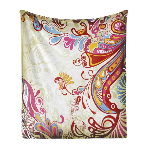 Colorful Soft Flannel Fleece Throw Blanket, Flower Bouquet Paisley Pattern Floral Damask Persian Print, Cozy Plush for Indoor and Outdoor Use, 70" x 90", Grey Yellow and Multicolor, by Ambesonne