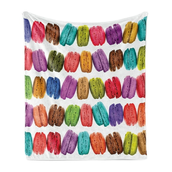 Colorful Soft Flannel Fleece Throw Blanket, French Macarons in a Row Coffee Shop Cookies Flavours Pastry Bakery Food Design, Cozy Plush for Indoor and Outdoor Use, 60" x 80", Multicolor, by Ambesonne