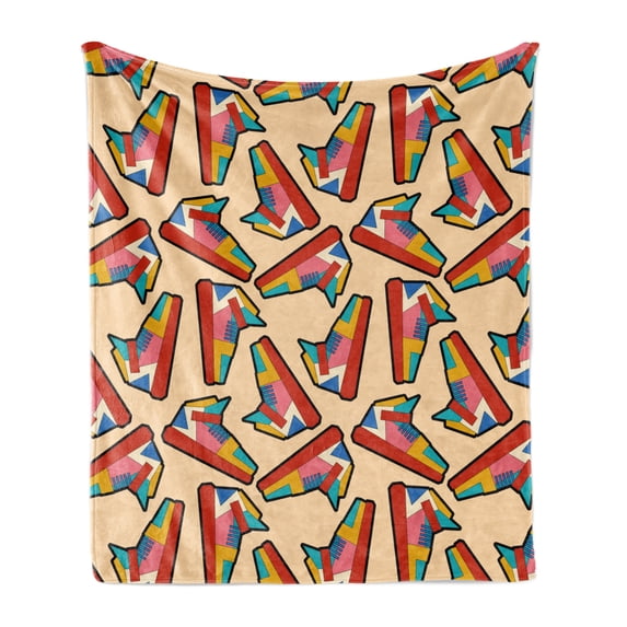 Colorful Soft Flannel Fleece Throw Blanket, Geometric Style Sneakers Sportive Elements Footwear Fashion Elements, Cozy Plush for Indoor and Outdoor Use, 60" x 80", Pale Peach Multicolor, by Ambesonne