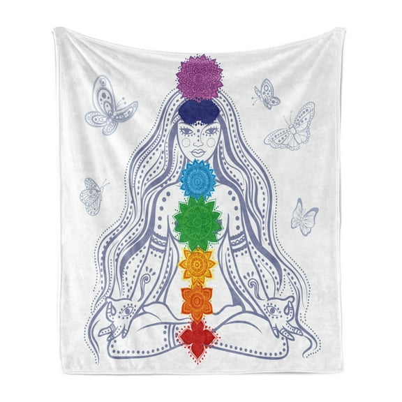 Colorful Soft Flannel Fleece Throw Blanket, Girl in Lotus Colorful Stones Yoga Relax Theme Oriental, Cozy Plush for Indoor and Outdoor Use, 50" x 60", Multicolor, by Ambesonne