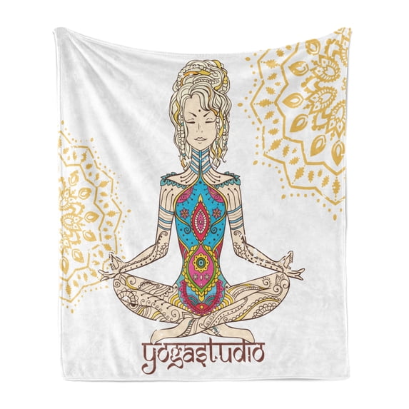 Colorful Soft Flannel Fleece Throw Blanket, Girl in Yoga Position with on Her Body Physical Force Pattern, Cozy Plush for Indoor and Outdoor Use, 60" x 80", Multicolor, by Ambesonne