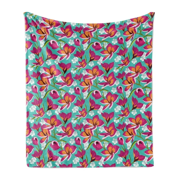 Colorful Soft Flannel Fleece Throw Blanket, Hand Drawn Floral Composition with Coming of the Spring Theme Botanical Pattern, Cozy Plush for Indoor and Outdoor Use, 50" x 60", Multicolor, by Ambesonne