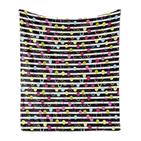 Colorful Soft Flannel Fleece Throw Blanket, Hand Drawn Grunge Inspired Composition of Circles and Dots on Stripped Backdrop, Cozy Plush for Indoor and Outdoor Use, 60" x 80", Multicolor, by Ambesonne