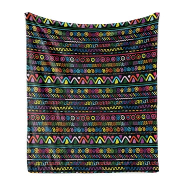 Colorful Soft Flannel Fleece Throw Blanket, Hand Drawn Illustration in Style Geometrical Borders Art Design, Cozy Plush for Indoor and Outdoor Use, 50" x 60", Multicolor, by Ambesonne