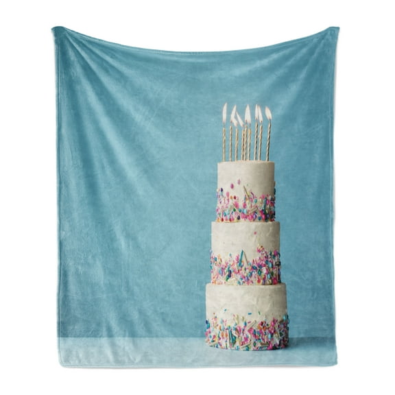 Colorful Soft Flannel Fleece Throw Blanket, Happy Colored Sprinkles and Candles on Birthday Party Cake Image, Cozy Plush for Indoor and Outdoor Use, 50" x 60", Pale Teal and Multicolor, by Ambesonne