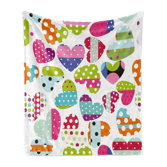 Colorful Soft Flannel Fleece Throw Blanket, Heart Shapes with Patches and Polka Dots Cheerful Pattern Design Artwork, Cozy Plush for Indoor and Outdoor Use, 50" x 60", Multicolor, by Ambesonne