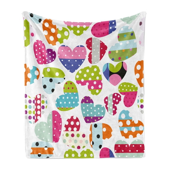 Colorful Soft Flannel Fleece Throw Blanket, Heart Shapes with Patches and Polka Dots Cheerful Pattern Design Artwork, Cozy Plush for Indoor and Outdoor Use, 50" x 70", Multicolor, by Ambesonne