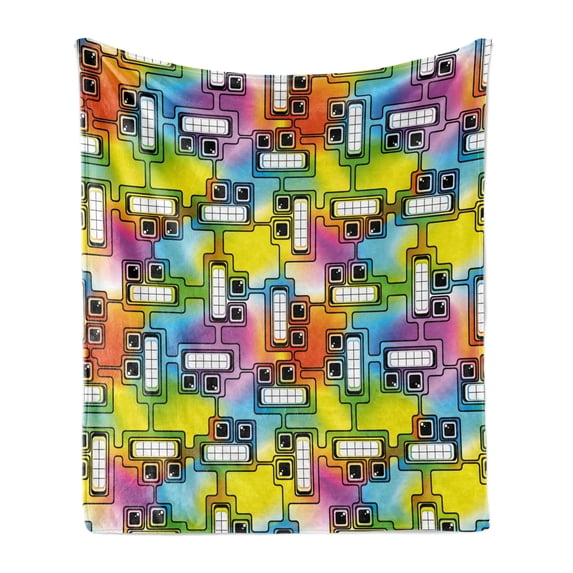 Colorful Soft Flannel Fleece Throw Blanket, Hippie Digital Fun Characters with Eyes and Teeth Video Games Artwork Pattern, Cozy Plush for Indoor and Outdoor Use, 50" x 70", Multicolor, by Ambesonne