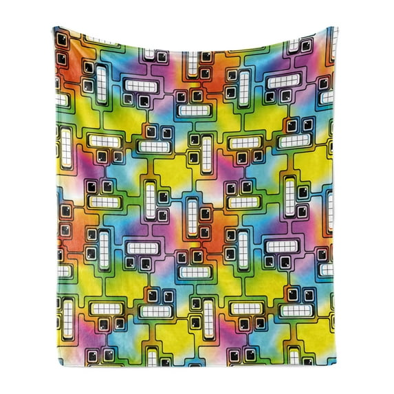 Colorful Soft Flannel Fleece Throw Blanket, Hippie Digital Fun Characters with Eyes and Teeth Video Games Artwork Pattern, Cozy Plush for Indoor and Outdoor Use, 60" x 80", Multicolor, by Ambesonne