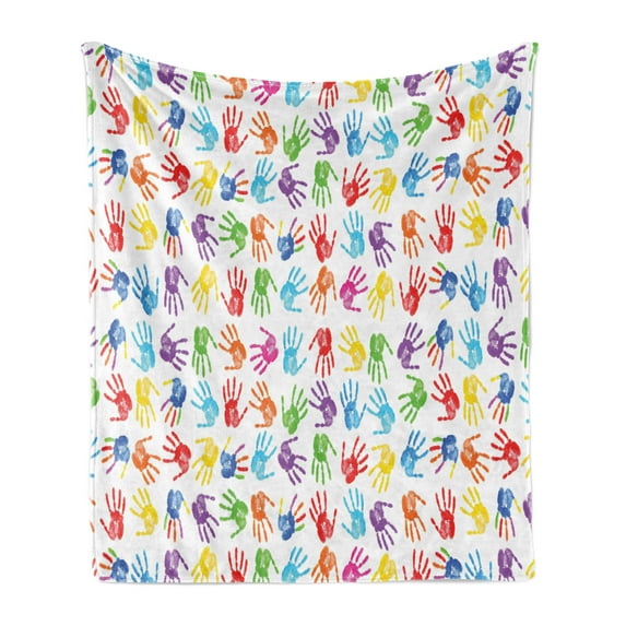 Colorful Soft Flannel Fleece Throw Blanket, Human Handprint Kids Watercolor Paint Effect Open Palms Collage Art Work Print, Cozy Plush for Indoor and Outdoor Use, 50" x 60", Multicolor, by Ambesonne