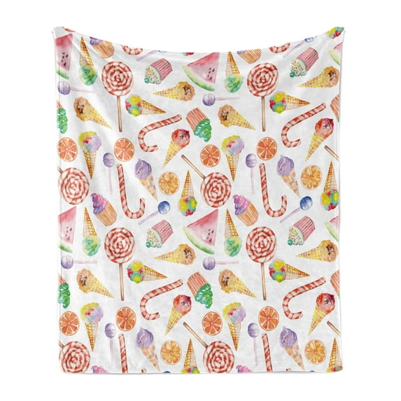 Colorful Soft Flannel Fleece Throw Blanket, Ice Cream Candy Cakes Lollipop Clementine Fruits Birthday Celebration Pattern, Cozy Plush for Indoor and Outdoor Use, 50" x 60", Multicolor, by Ambesonne