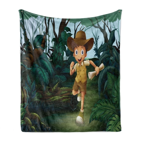 Colorful Soft Flannel Fleece Throw Blanket, Kid Running in the Middle of Woods with a Map Adventure, Cozy Plush for Indoor and Outdoor Use, 60" x 80", Forest Green Dark Teal, by Ambesonne