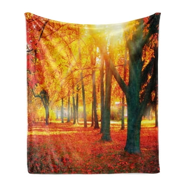 Colorful Soft Flannel Fleece Throw Blanket, Landscape Image of Foliage and Trees at Autumn Season Designed in Warm Tones, Cozy Plush for Indoor and Outdoor Use, 50" x 70", Multicolor, by Ambesonne