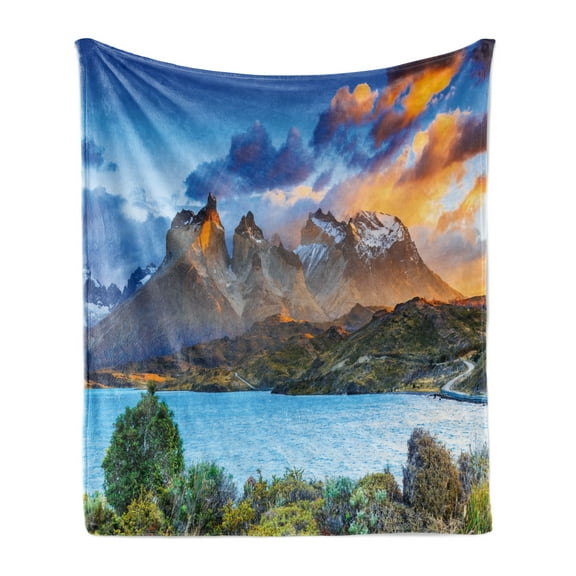 Colorful Soft Flannel Fleece Throw Blanket, Landscape Image of Pehoe Lake at Torres Del Paine National Park, Cozy Plush for Indoor and Outdoor Use, 50" x 70", Azure Blue and Multicolor, by Ambesonne