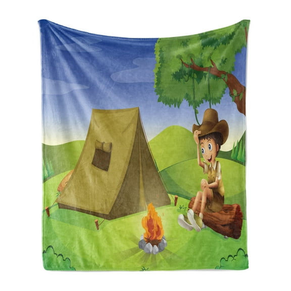 Colorful Soft Flannel Fleece Throw Blanket, Little Kid Sitting on a Trunk Camp Life Tent Joyful Panorama Illustration, Cozy Plush for Indoor and Outdoor Use, 60" x 80", Green Brown Blue, by Ambesonne