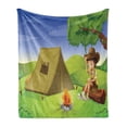 thumbnail image 1 of Colorful Soft Flannel Fleece Throw Blanket, Little Kid Sitting on a Trunk Camp Life Tent Joyful Panorama Illustration, Cozy Plush for Indoor and Outdoor Use, 70" x 90", Green Brown Blue, by Ambesonne, 1 of 5