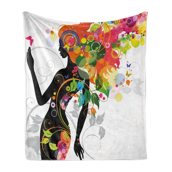 Colorful Soft Flannel Fleece Throw Blanket, Madame Butterfly Modern Version Spring Spiral Circles Leaf Botany Girl Print, Cozy Plush for Indoor and Outdoor Use, 50" x 60", Multicolor, by Ambesonne
