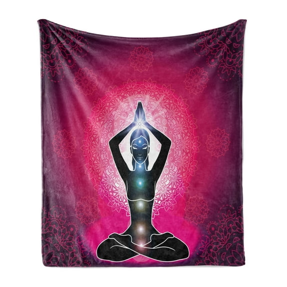 Colorful Soft Flannel Fleece Throw Blanket, Maroon Silhouette of a Yoga Woman with Cores with Neon Featured Bohemian Design, Cozy Plush for Indoor and Outdoor Use, 50" x 70", Pink Black, by Ambesonne