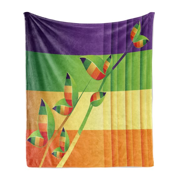 Colorful Soft Flannel Fleece Throw Blanket, Modern Various Fractal Floral Leaves and Branch Vibrant Stripes Fantasy Artwork, Cozy Plush for Indoor and Outdoor Use, 60" x 80", Multicolor, by Ambesonne