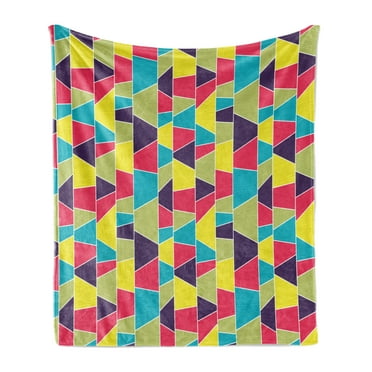 Colorful Soft Flannel Fleece Throw Blanket, Mosaic Pattern with Lines and Hand Drawn Elements Borders with Trapezoid Shapes, Cozy Plush for Indoor and Outdoor Use, 50" x 70", Multicolor, by Ambesonne