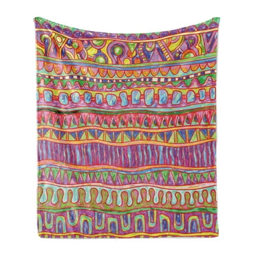 Colorful Soft Flannel Fleece Throw Blanket, Motif with Vibrant Geometric Elements and Strange Abstract Ornaments Art, Cozy Plush for Indoor and Outdoor Use, 70" x 90", Multicolor, by Ambesonne