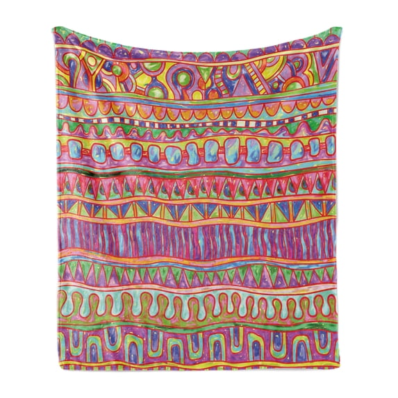 Colorful Soft Flannel Fleece Throw Blanket, Motif with Vibrant Geometric Elements and Strange Abstract Ornaments Art, Cozy Plush for Indoor and Outdoor Use, 70" x 90", Multicolor, by Ambesonne