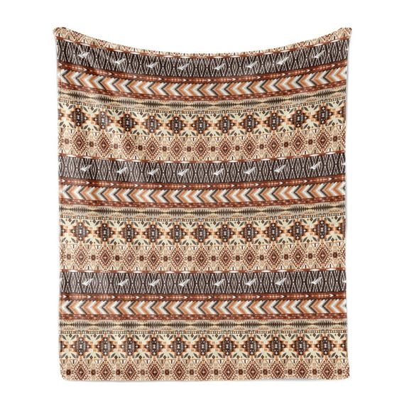 Colorful Soft Flannel Fleece Throw Blanket, Native Culture Geometric Motif Pattern, Cozy Plush for Indoor and Outdoor Use, 60" x 80", Brown Cinnamon Orange, by Ambesonne