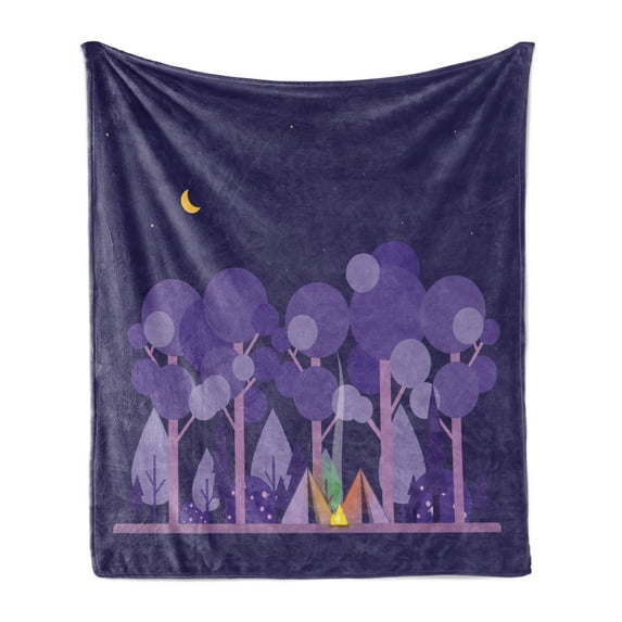 Colorful Soft Flannel Fleece Throw Blanket, Night at Campsite Scene in the Forest Woodland Under Moon Sky, Cozy Plush for Indoor and Outdoor Use, 50" x 70", Dark Purple Lilac Violet, by Ambesonne