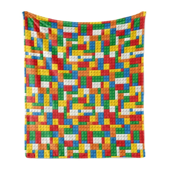 Colorful Soft Flannel Fleece Throw Blanket, Nursery Pattern Repetitive Toy Brick Parts Illustration Covered on Background, Cozy Plush for Indoor and Outdoor Use, 60" x 80", Multicolor, by Ambesonne