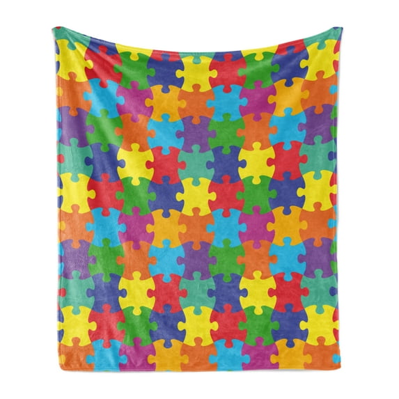 Colorful Soft Flannel Fleece Throw Blanket, Nursery Theme Inspired Rainbow Colored Jigsaw Puzzle Parts Covered Illustration, Cozy Plush for Indoor and Outdoor Use, 50" x 60", Multicolor, by Ambesonne