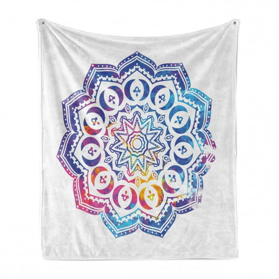 Colorful Soft Flannel Fleece Throw Blanket, Oriental Mandala Design Double Exposure Effect of Soft Colors Oriental, Cozy Plush for Indoor and Outdoor Use, 50" x 60", Azure Blue Pink, by Ambesonne