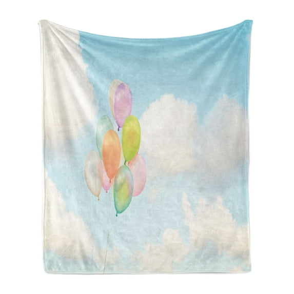Colorful Soft Flannel Fleece Throw Blanket, Pastel Balloons Flying up Into Sky and Clouds in Valentine Wedding Concept, Cozy Plush for Indoor and Outdoor Use, 50" x 60", Multicolor, by Ambesonne