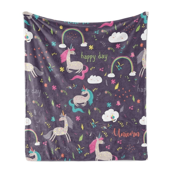 Colorful Soft Flannel Fleece Throw Blanket, Pastel Rainbow with Unicorns Dream Characters Fairy Tale Princess Illustration, Cozy Plush for Indoor and Outdoor Use, 50" x 70", Multicolor, by Ambesonne