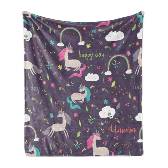 Colorful Soft Flannel Fleece Throw Blanket, Pastel Rainbow with Unicorns Dream Characters Fairy Tale Princess Illustration, Cozy Plush for Indoor and Outdoor Use, 50" x 70", Multicolor, by Ambesonne
