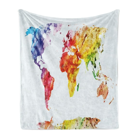 Colorful Soft Flannel Fleece Throw Blanket, Pattern of Watercolor Like Grunge Style World Map Image on a Plain Background, Cozy Plush for Indoor and Outdoor Use, 60" x 80", Multicolor, by Ambesonne