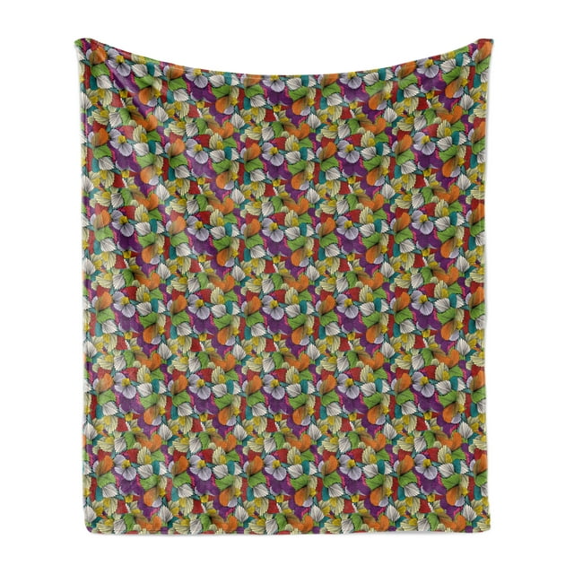 Colorful Soft Flannel Fleece Throw Blanket, Rainbow Colored Abstract Ornaments Hand Drawn Composition Retro Seashell Design, Cozy Plush for Indoor and Outdoor Use, 50" x 70", Multicolor, by Ambesonne