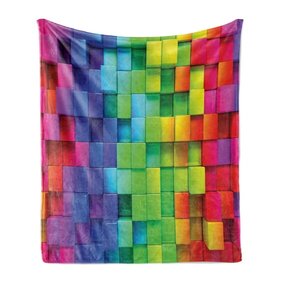 Colorful Soft Flannel Fleece Throw Blanket, Rainbow Colored Contour Display Futuristic Block Brick-Like Geometric Artisan, Cozy Plush for Indoor and Outdoor Use, 70" x 90", Multicolor, by Ambesonne