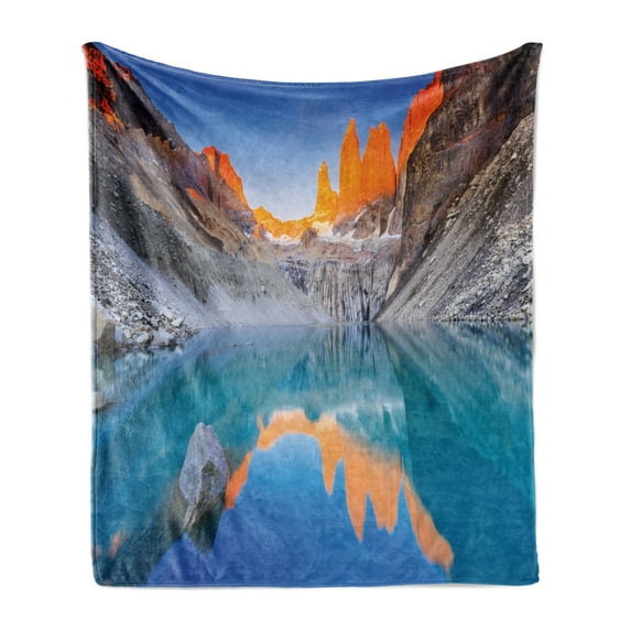 Colorful Soft Flannel Fleece Throw Blanket, Reflection of Cliffs on Lake at Torres Del Paine National Park Image, Cozy Plush for Indoor and Outdoor Use, 50" x 70", Azure Blue Multicolor, by Ambesonne