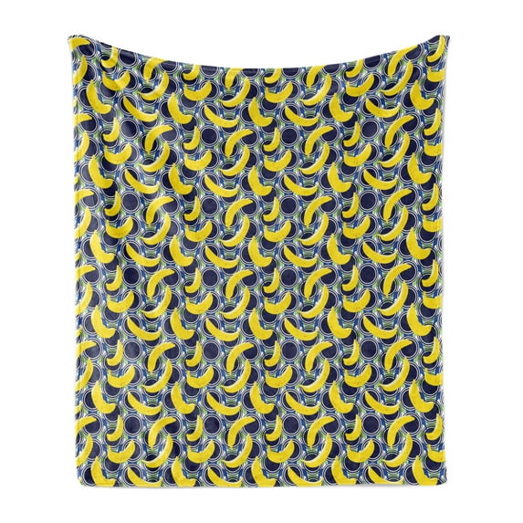 Colorful Soft Flannel Fleece Throw Blanket, Repetitive Banana Pop Art Pattern with Retro Background, Cozy Plush for Indoor and Outdoor Use, 50" x 60", Yellow Dark Blue Grey, by Ambesonne