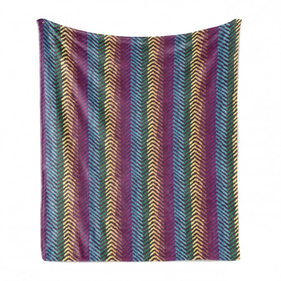 Colorful Soft Flannel Fleece Throw Blanket, Retro Colored Diagonal Lines Forming a Chevron Triangles Zig Zag Pattern Print, Cozy Plush for Indoor and Outdoor Use, 60" x 80", Multicolor, by Ambesonne