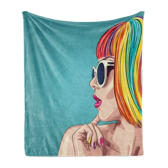 Colorful Soft Flannel Fleece Throw Blanket, Retro Inspired Image of Woman Rainbow Colored Wig and Sunglasses, Cozy Plush for Indoor and Outdoor Use, 60" x 80", Cadet Blue and Multicolor, by Ambesonne