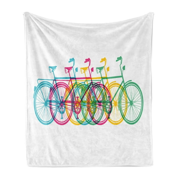 Colorful Soft Flannel Fleece Throw Blanket, Retro Style Bicycle Silhouettes Sportive Active Theme on a Plain Background, Cozy Plush for Indoor and Outdoor Use, 50" x 60", Multicolor, by Ambesonne