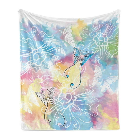 Colorful Soft Flannel Fleece Throw Blanket, Romantic Brushstroked Backdrop with Haze Blur Splash Features and Moth Antler, Cozy Plush for Indoor and Outdoor Use, 70" x 90", Multicolor, by Ambesonne